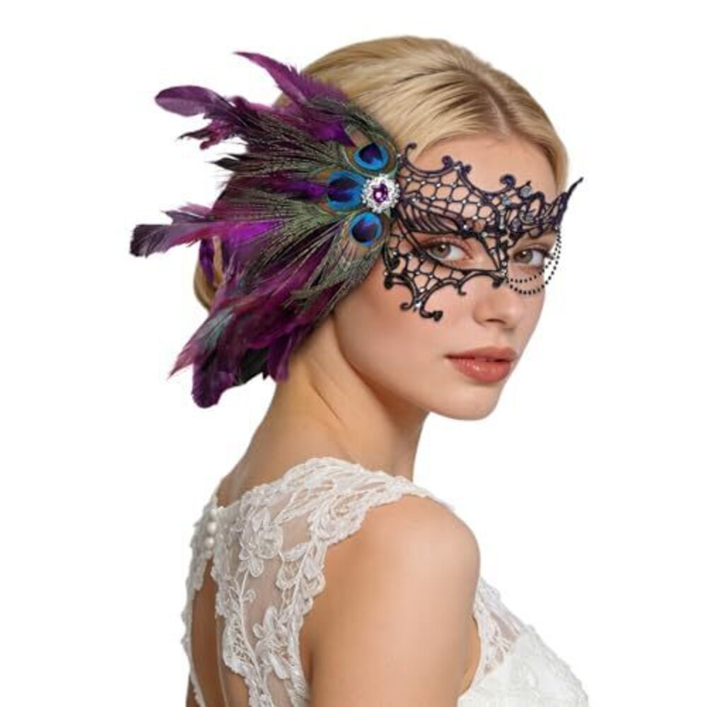 5050 Masquerade Mask , Feather Lace Mardi Gras Mask, Peacock Venetian